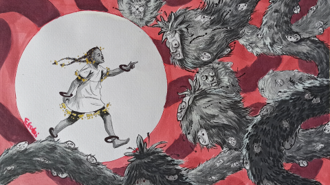 Etrafı canavalarla çevrili bir kız çocuğun özgüvenli duruşunu sergileyen bir illüstrastrasyon