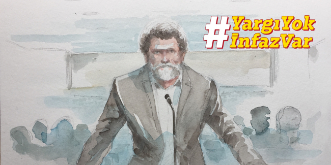 Osman Kavala'nın savunmasını yaparken görüldüğü bir çizimle hazırlanmış kampanya görseli